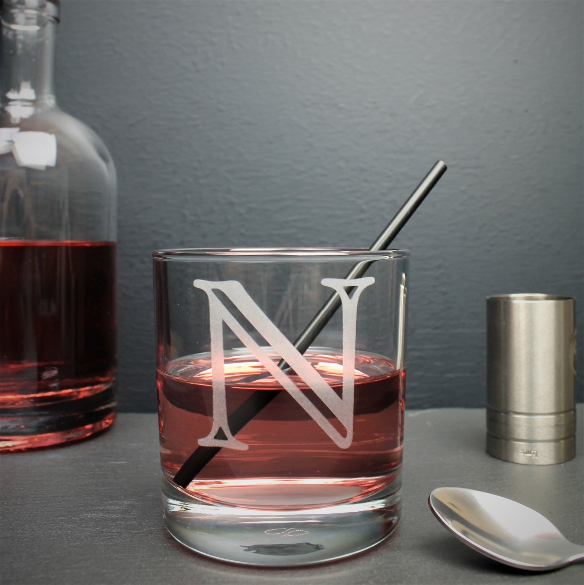 luxury tumbler glass with engraved initial for gin lover