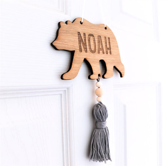 Wooden bear woodland nursery decor, personalised with name and coloured tassel