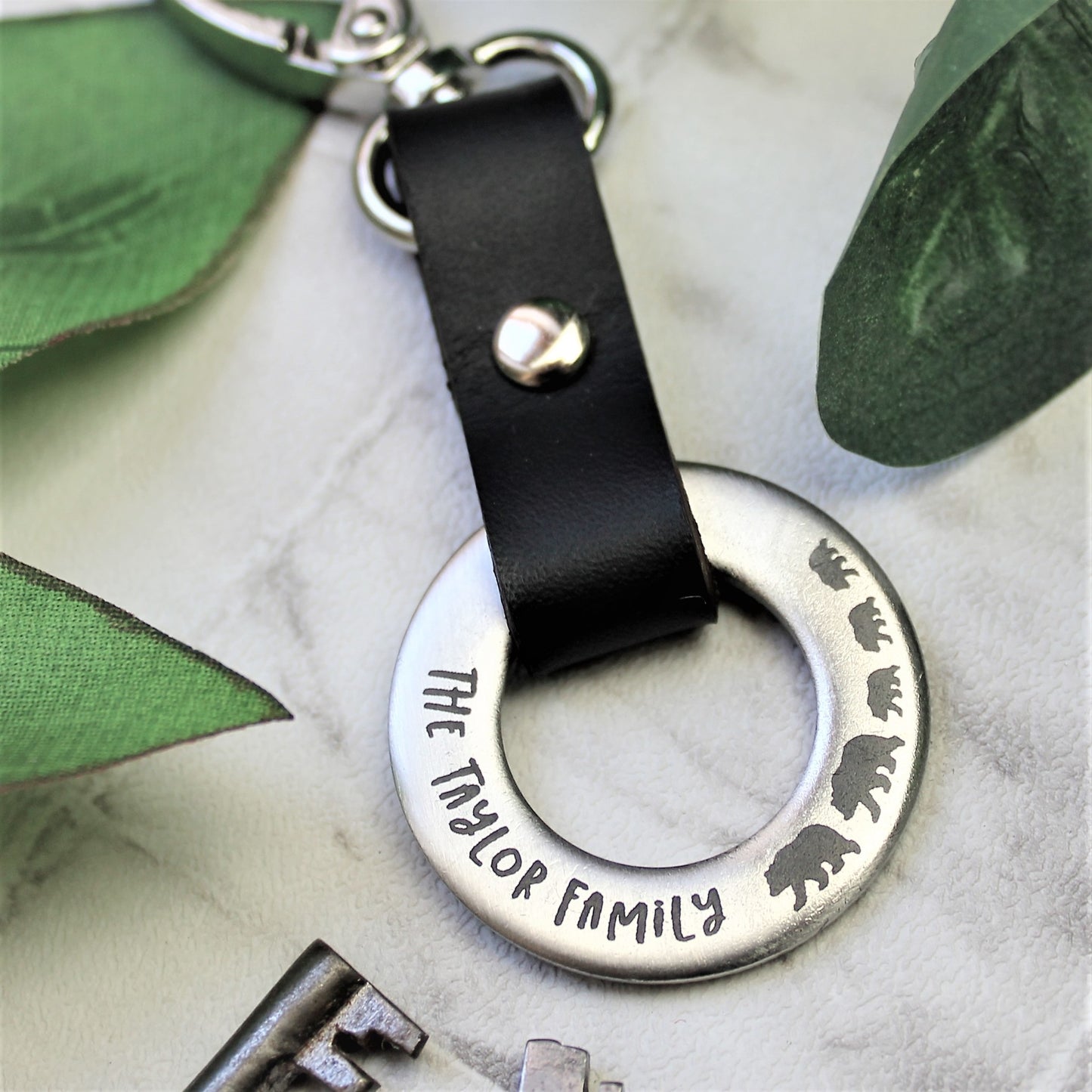 steel and leather personalised keyring with family name and bear - fathers day gift