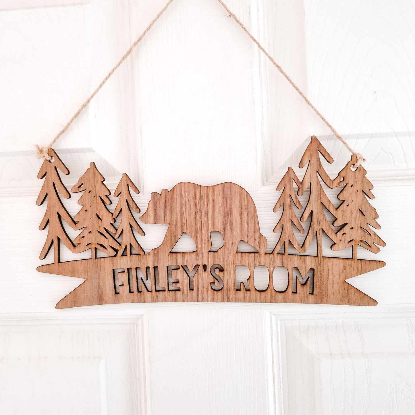 walnut dark wood sign for woodland themed nursery decor with bearand forest design