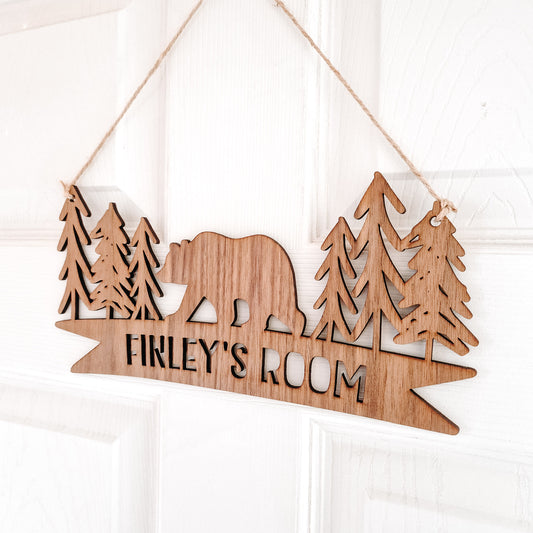 dark wooden woodland forest and bear personalised name sign for childs room
