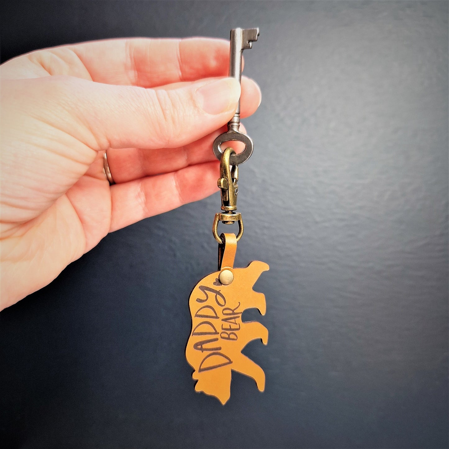 Daddy bear real leather keyring with bronze clasp for fathers day