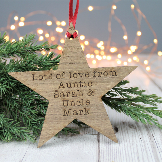 reverse engraving message for star bauble design