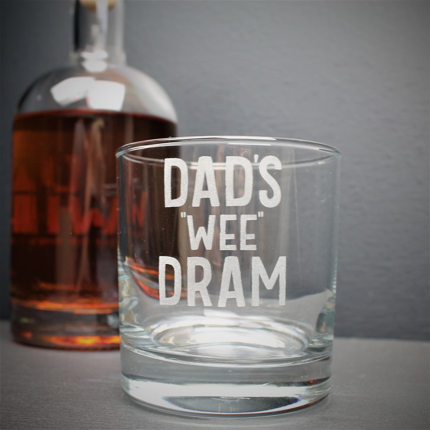 Engraved glass with Dad's wee dram, can also be personalised with own text