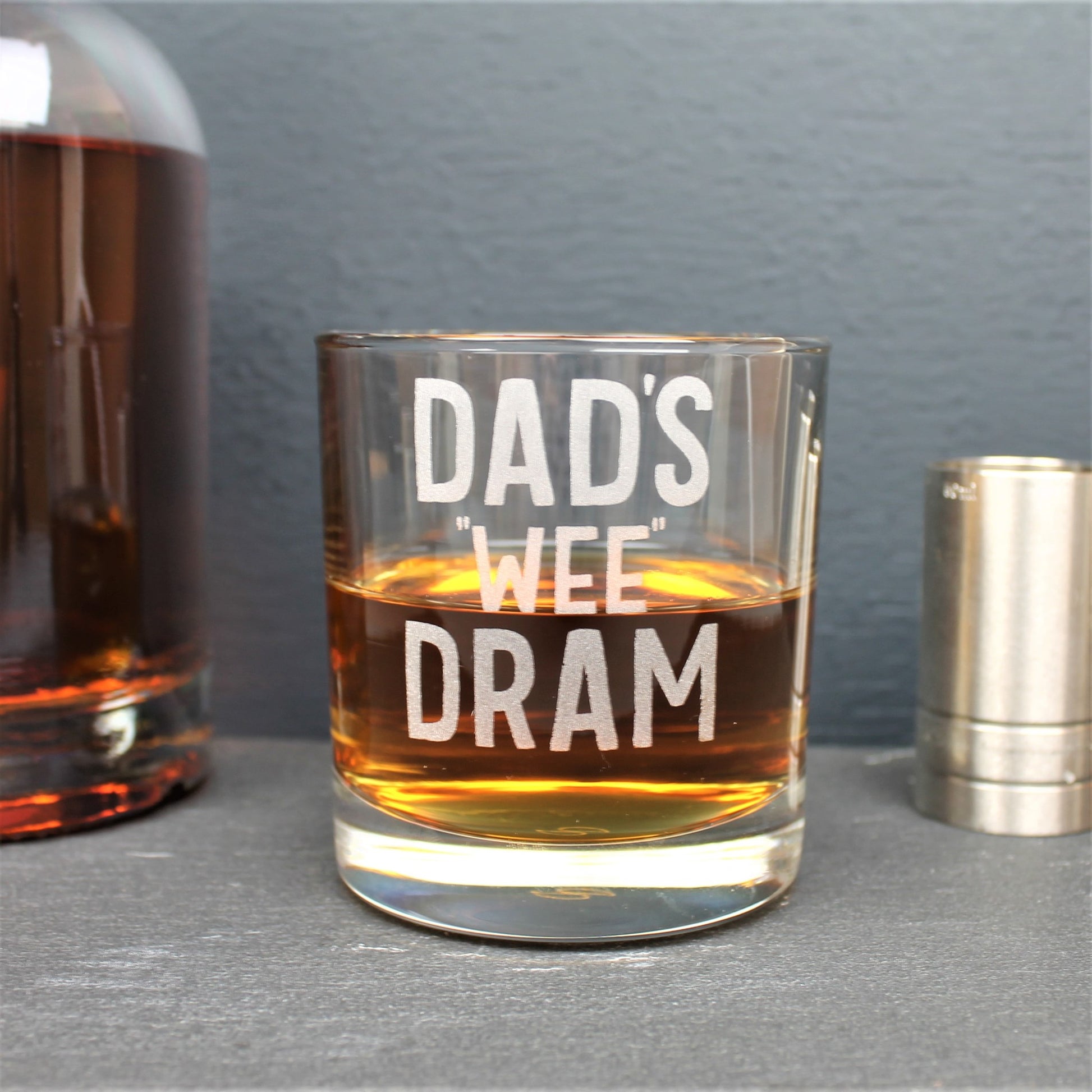 Engraved glass with Dad's wee dram, can also be personalised with own text