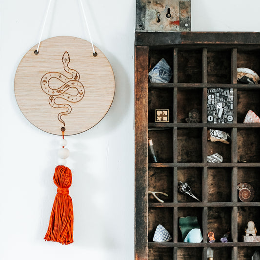 Boho Celestial Snake Round Wooden Sign With Tassel