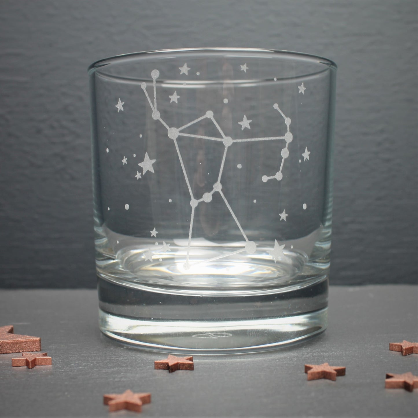 Glass tumbler engraved with the Orion constellation and star design