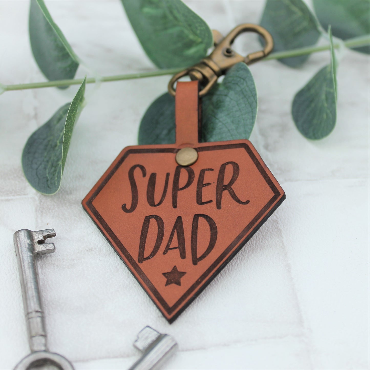 Super dad real leather engraved keyring with super hero design
