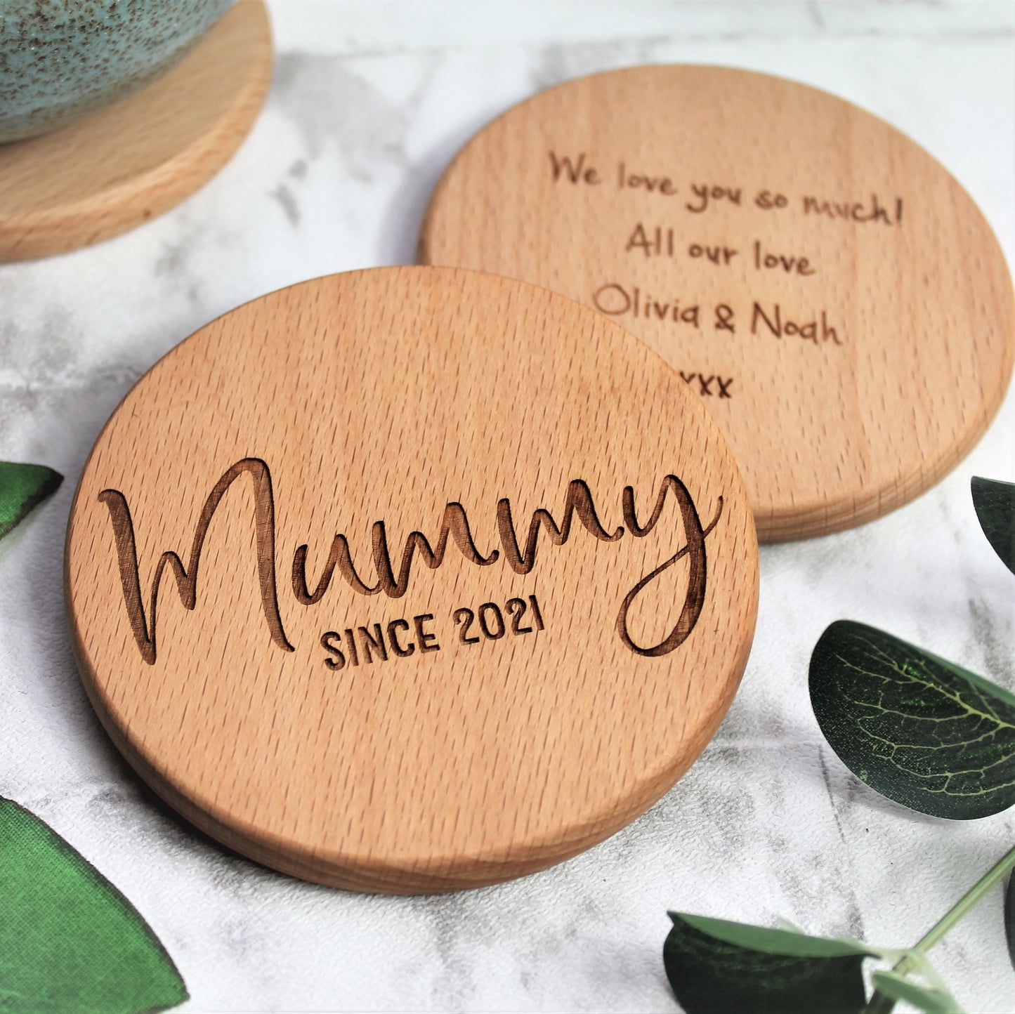 engraved wooden mummy coaster, personalised with your own message