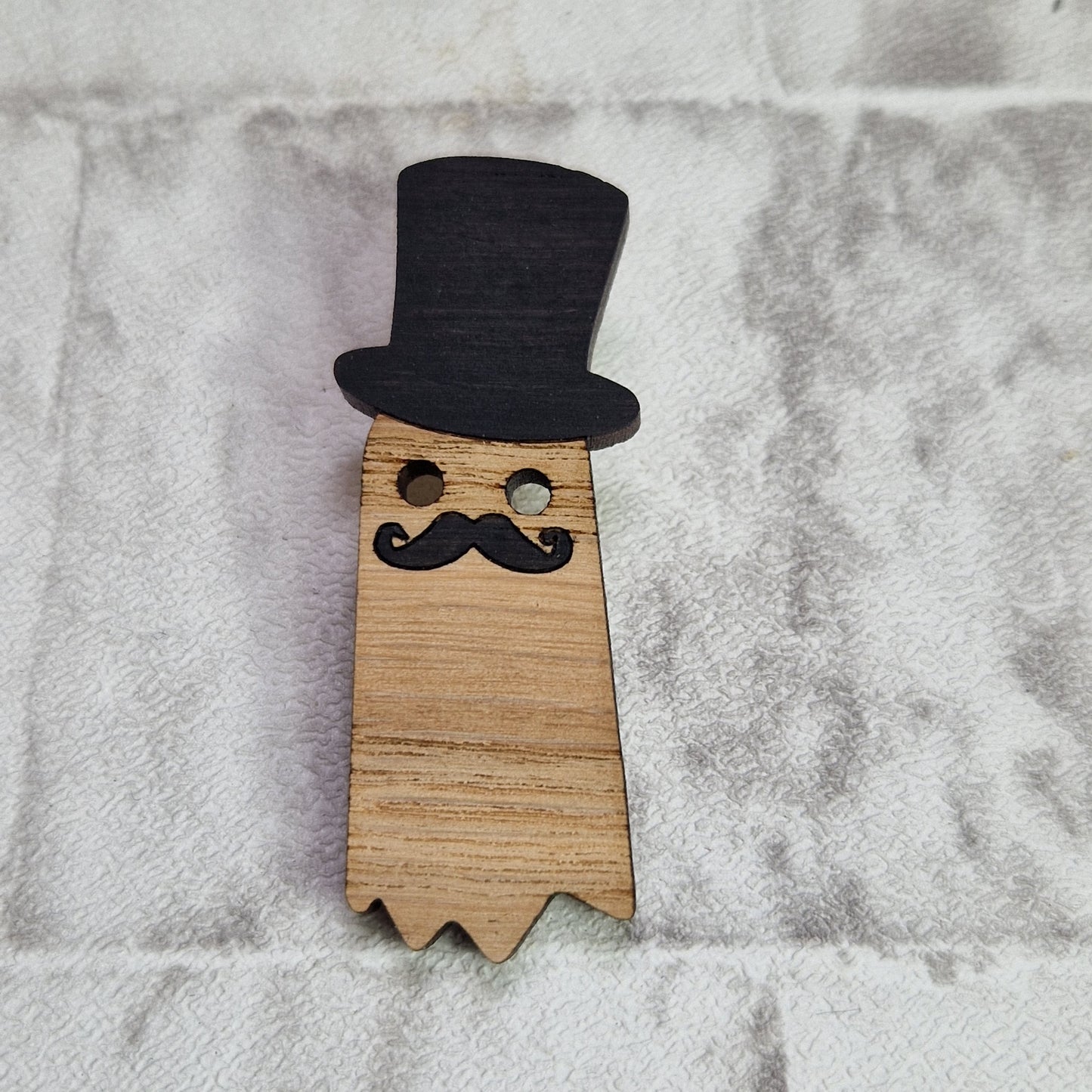 Moustache Ghost Wooden Pin Brooch