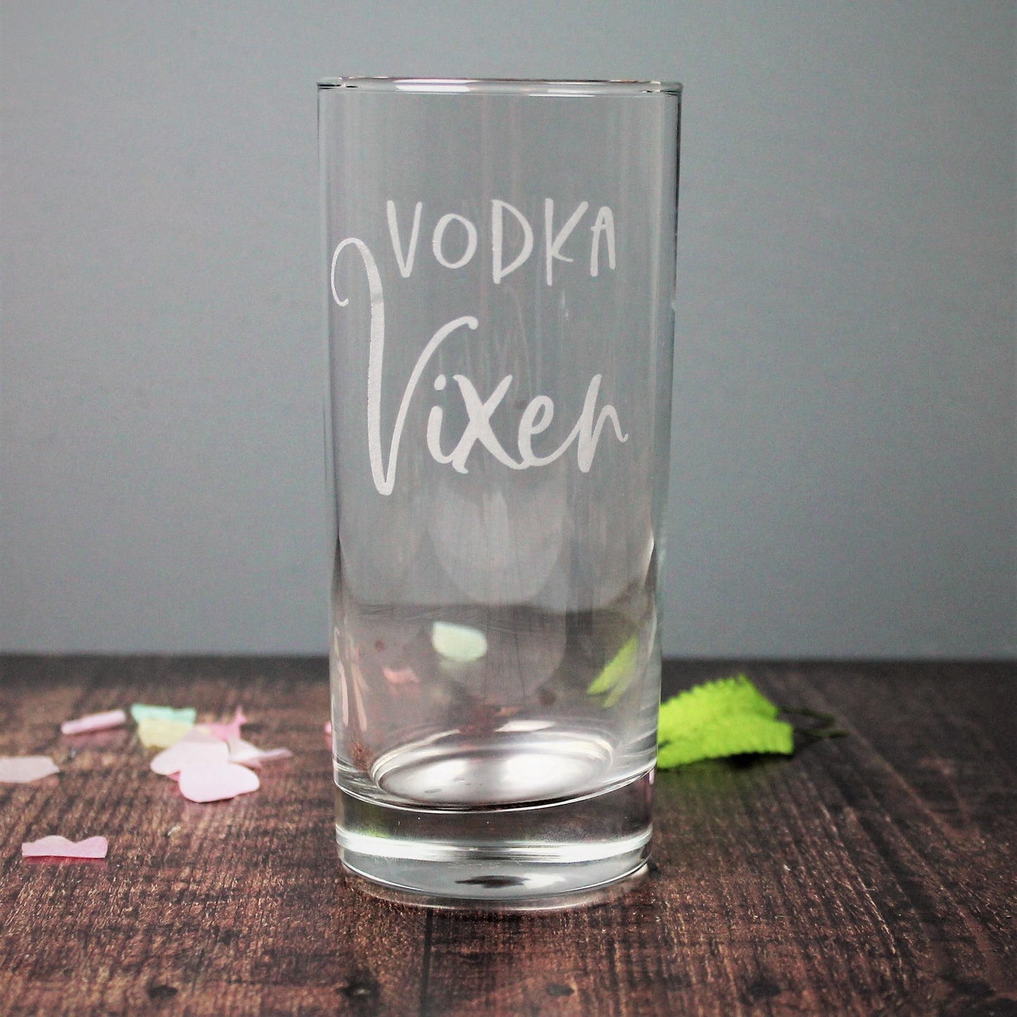 engraved tall vodka glass with the words vodka vixen