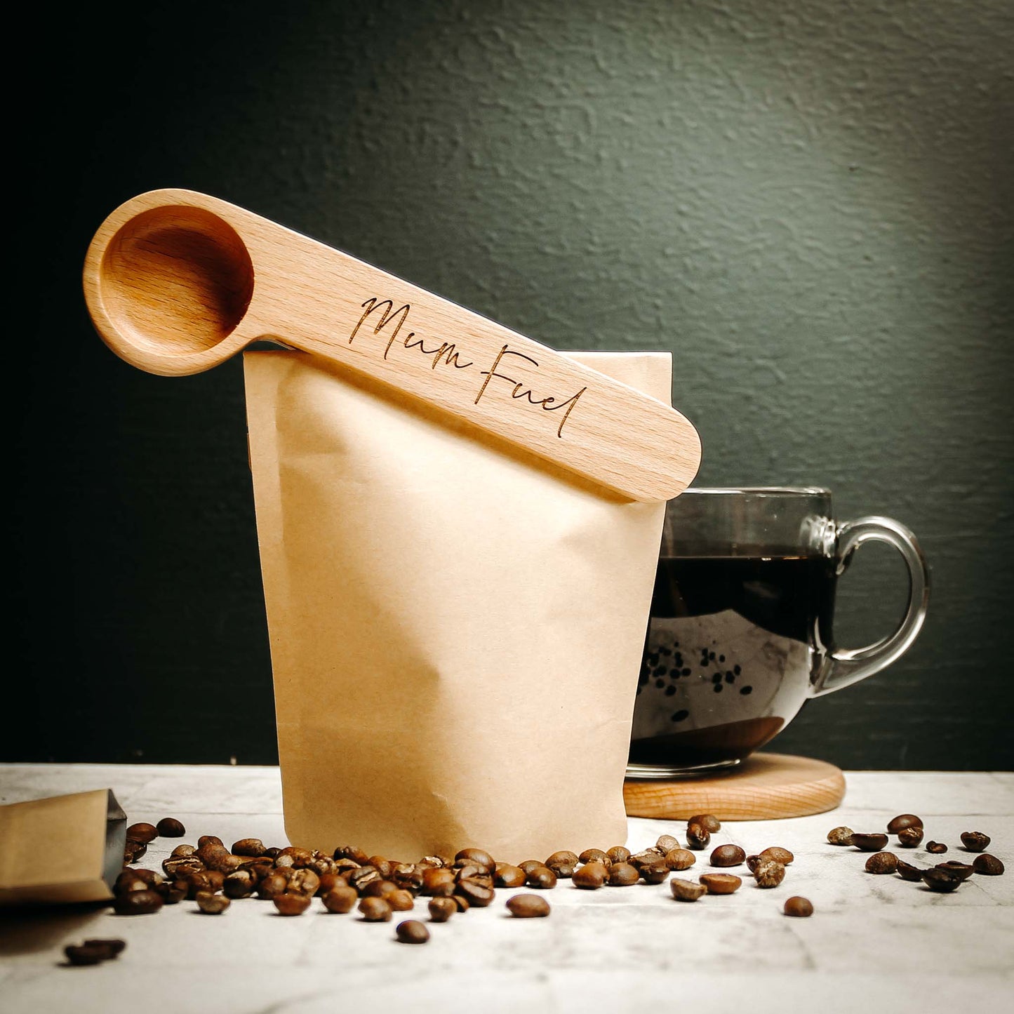 coffee bag clip and scoop for coffee loving mum, engraved with personalised phrase
