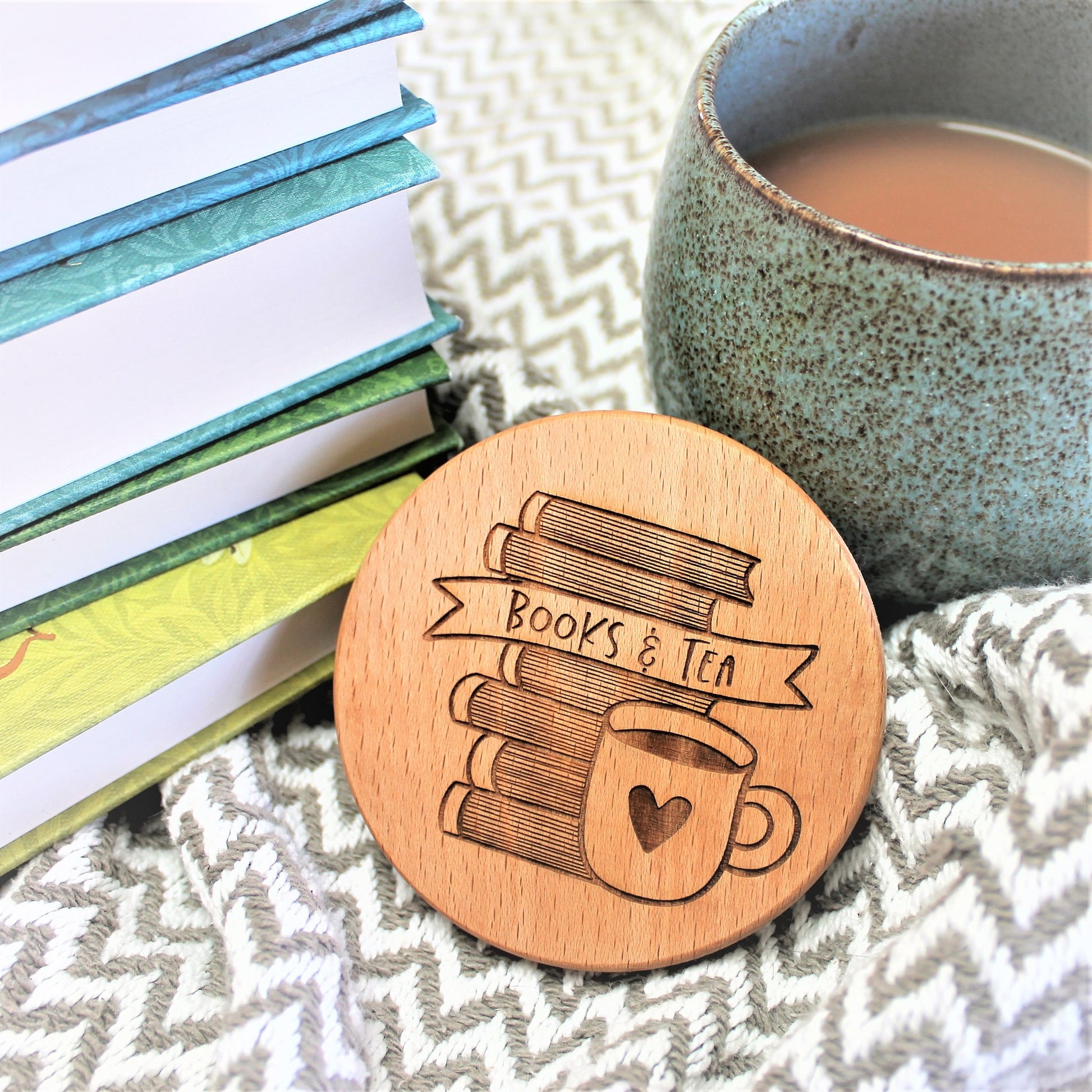 books and tea coaster wooden engraved