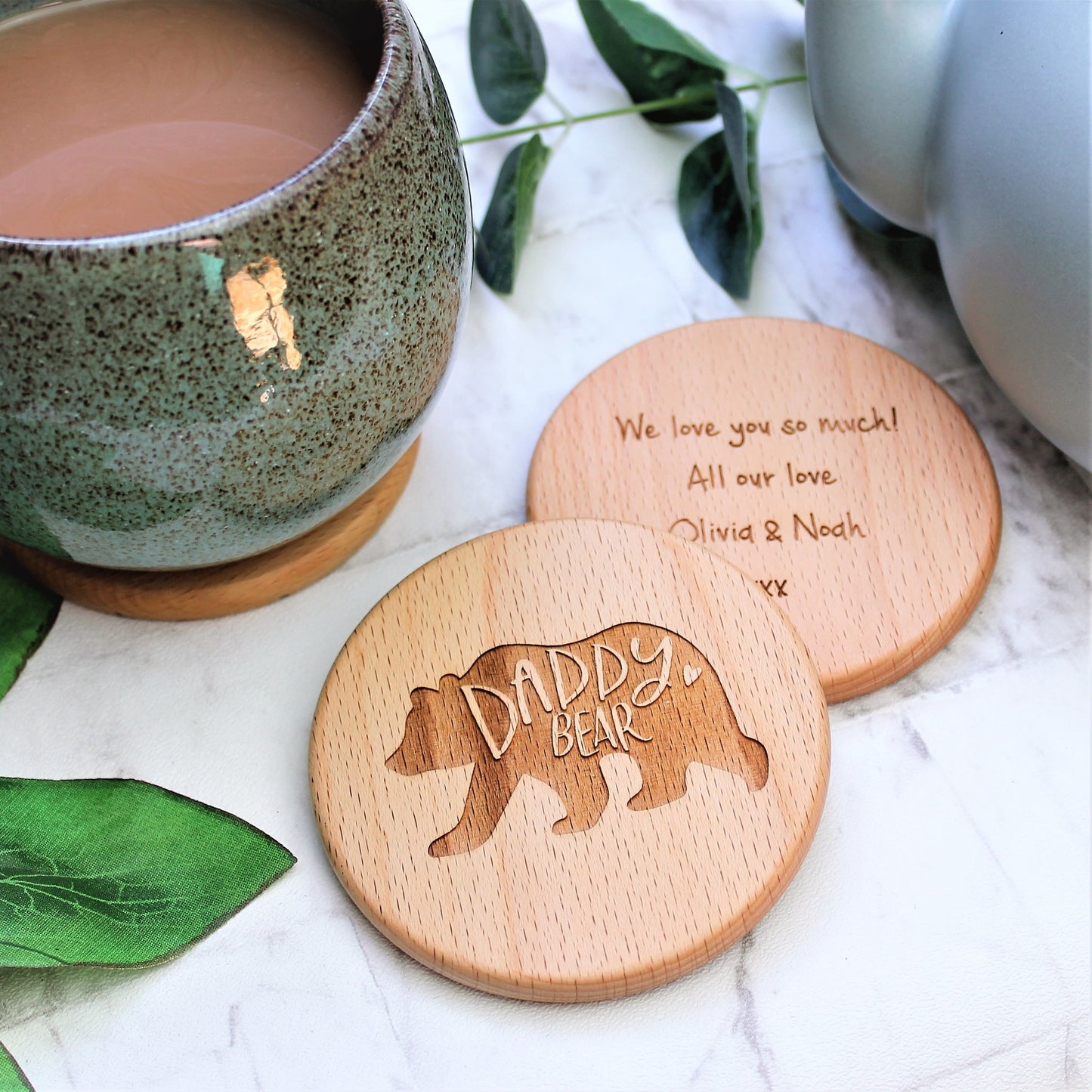 Personalised daddy bear fathers day round wooden coaster