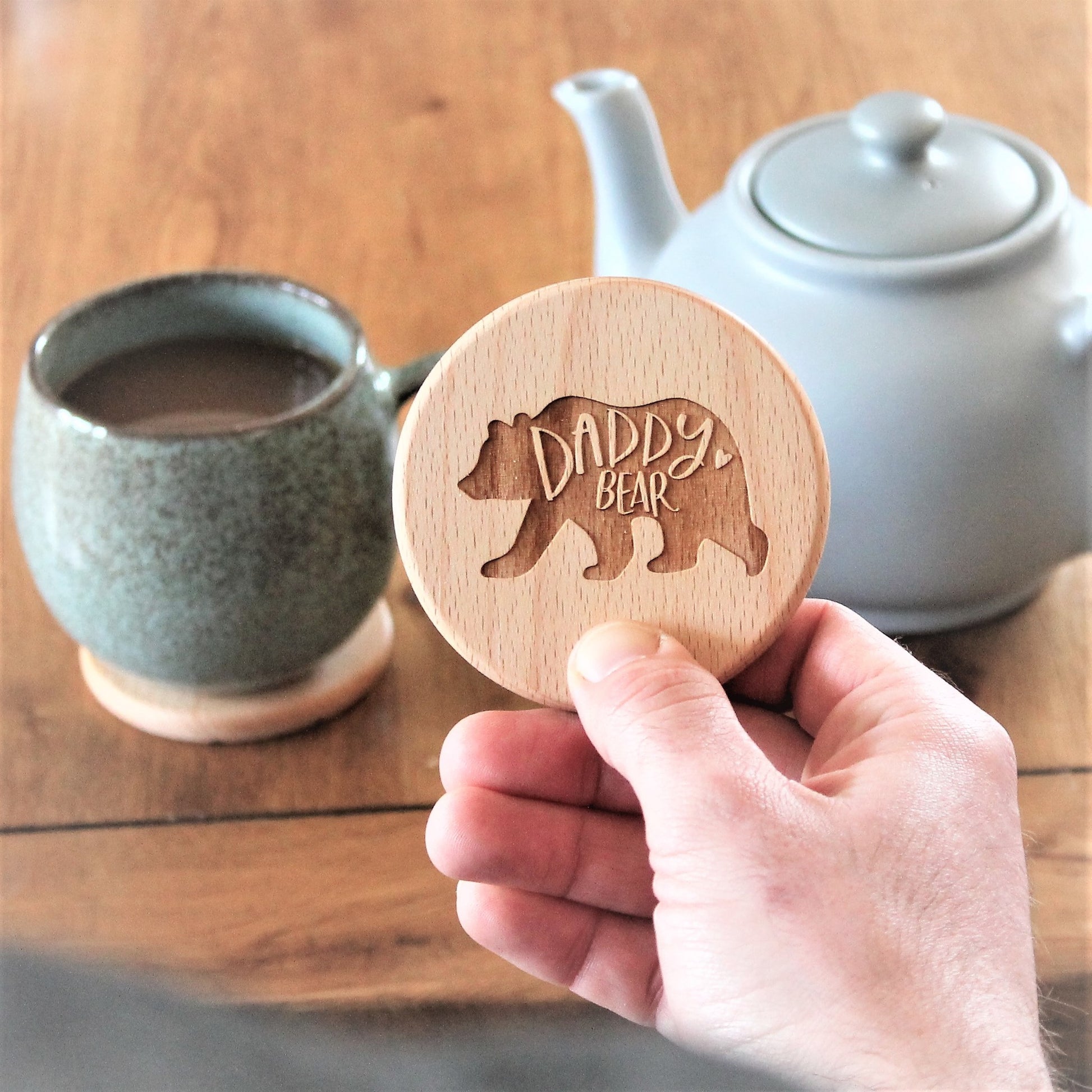 daddy bear engraved wooden round coaster