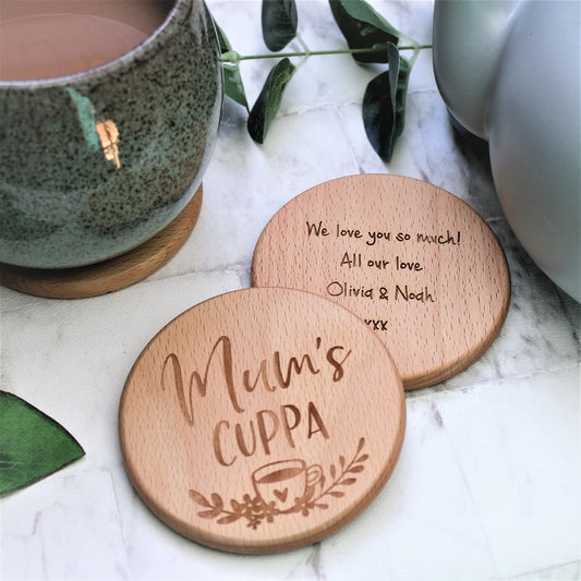 engraved wooden coaster for tea loving mum, engraved with the text mums cuppa with a floral design and tea cup