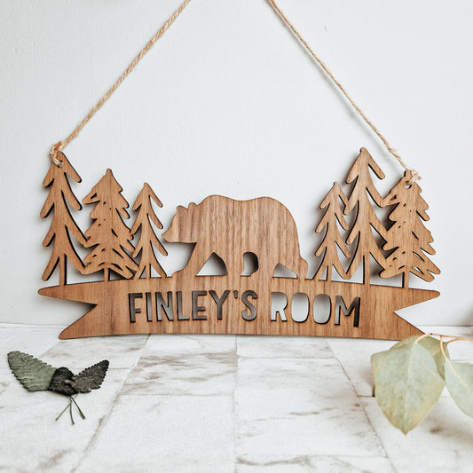 forest and bear design wooden personalised sign for playroom or nursery wall 