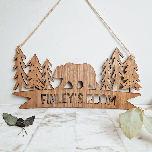 forest and bear design wooden personalised sign for playroom or nursery wall