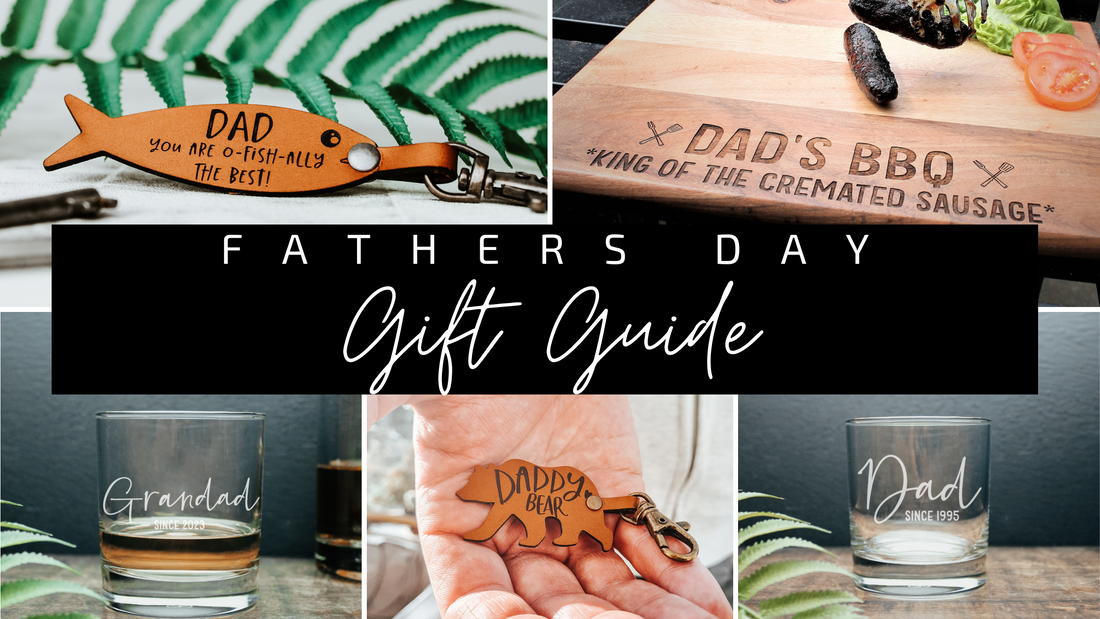 Fathers Day gift guide for Ingrained Inc including images of personalised leather keyrings, personalised tumbler glasses for dad day gifts