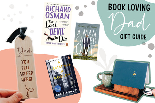 Book loving dad gift guide, showing a range of book recommendations a dad bookmark and a book valet reading rest.