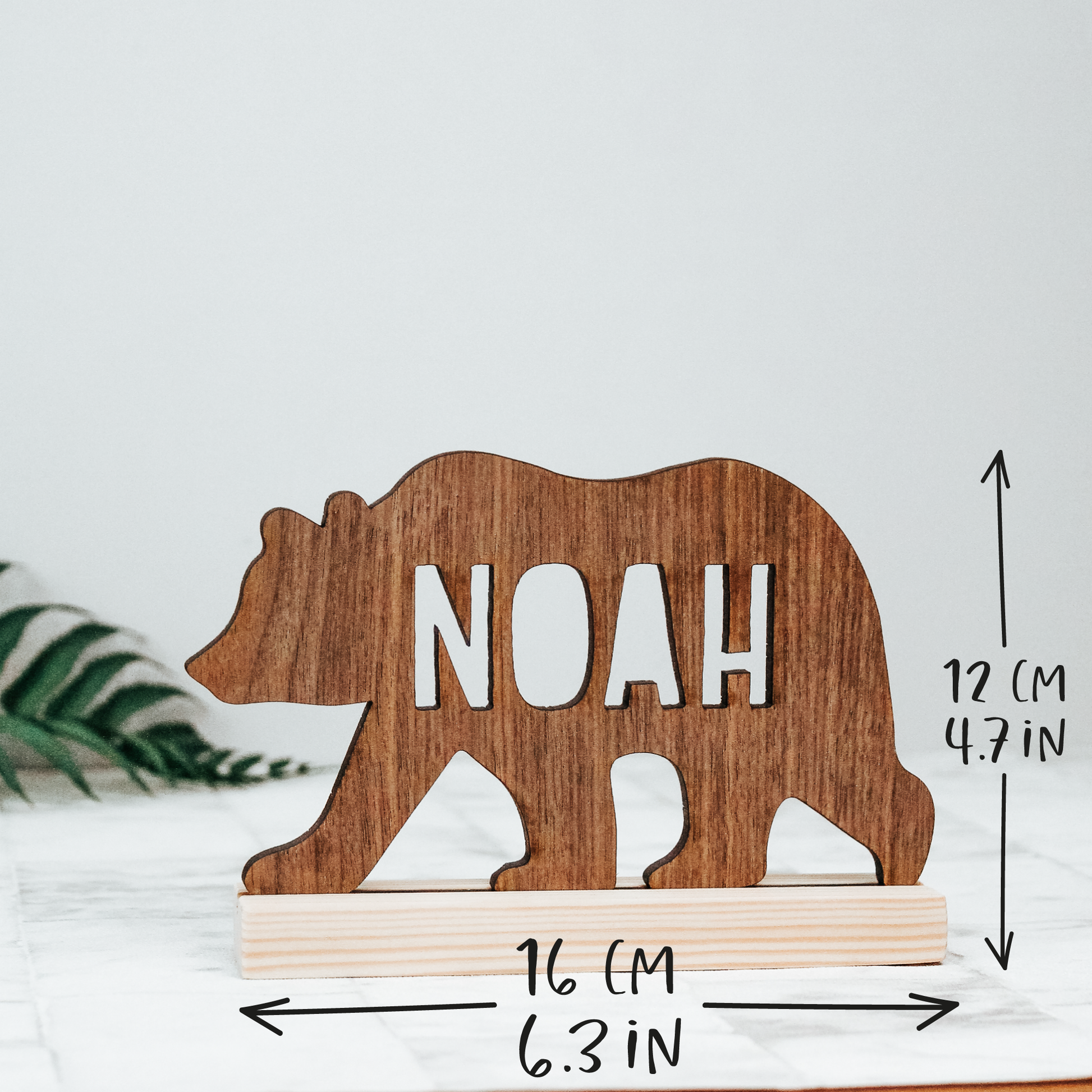 wooden bear silhouette shelf decoration with personalised name, size image 16cm by 12cm 