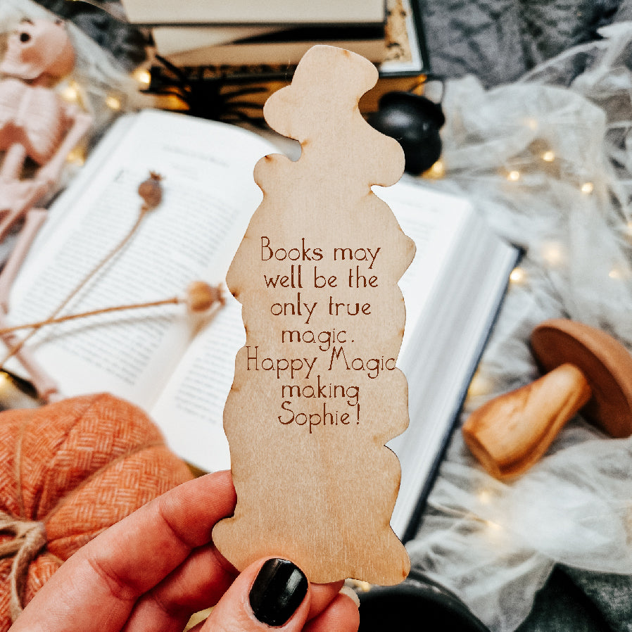 personalised message shown on the back of a wooden engraved Halloween bookmark 
