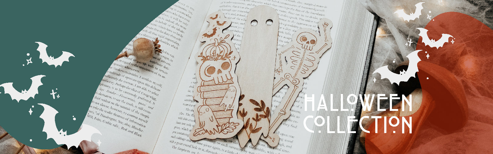 Halloween Collection banner including images of newly launched wooden spooky bookmarks with skulls, ghosts, and skeleton designs 