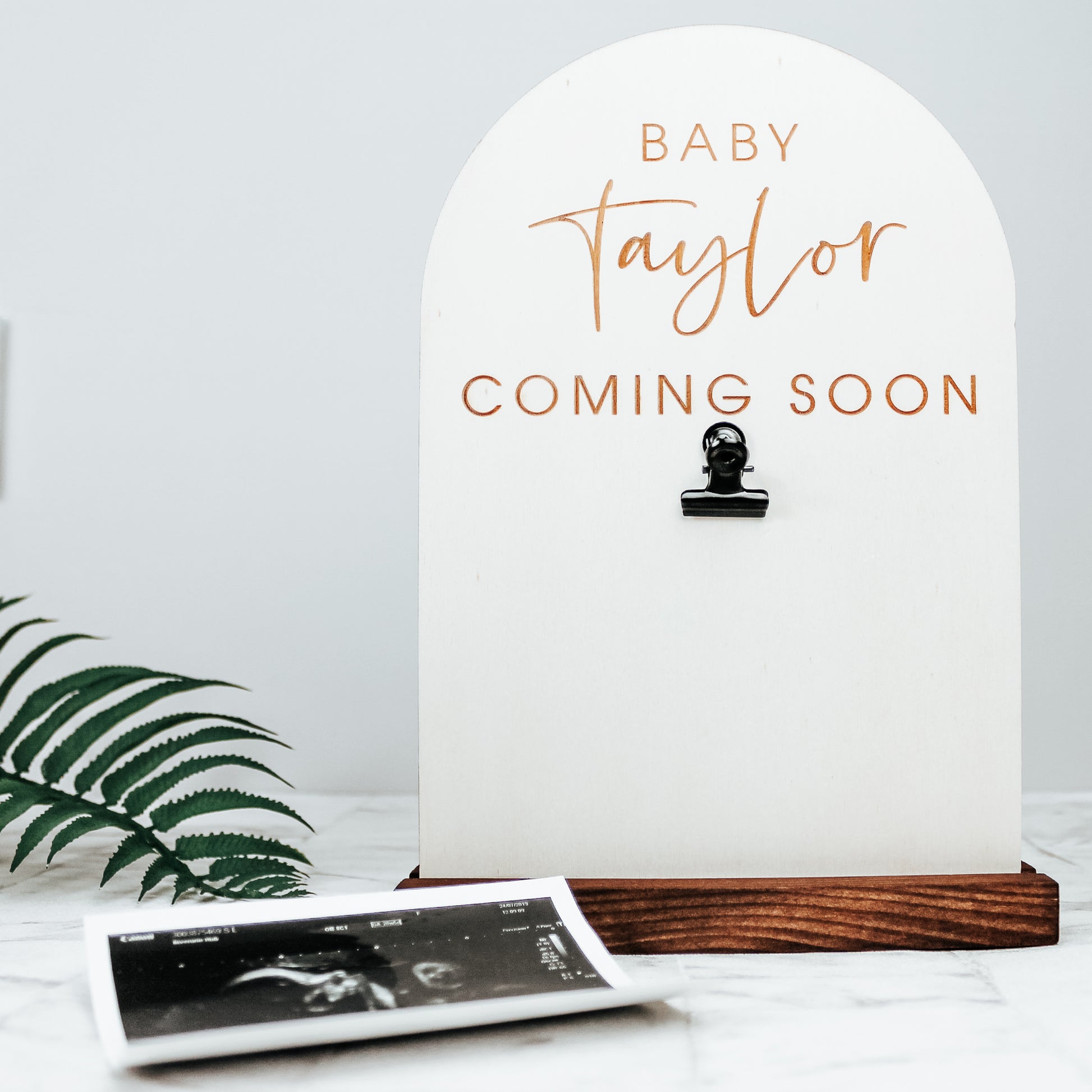 engraved and personalised wooden baby announcement sign - perfect for showing your new addition on social media