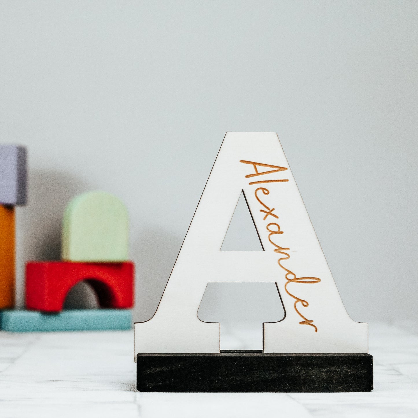 wooden letter baby name with black base - perfect minimal nursery gift 