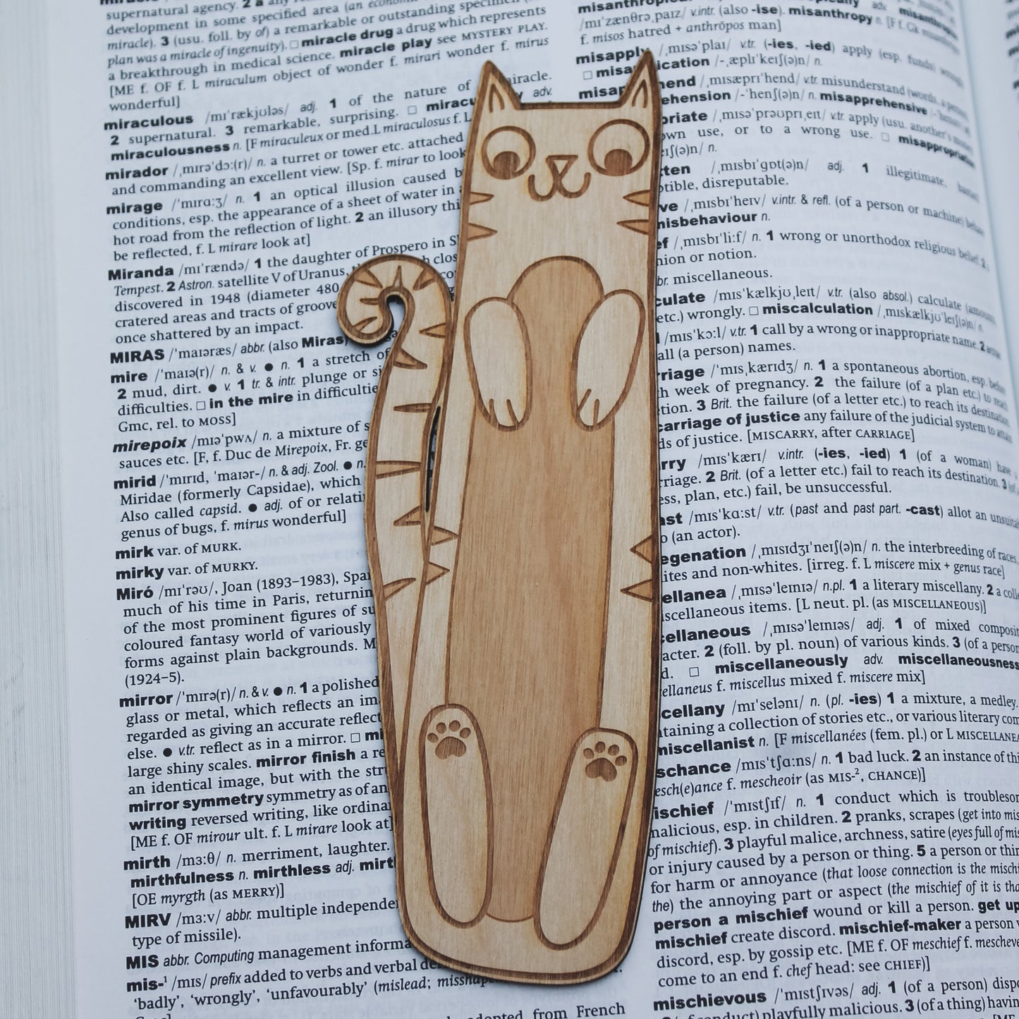 Cat-shaped wooden bookmark on an open book