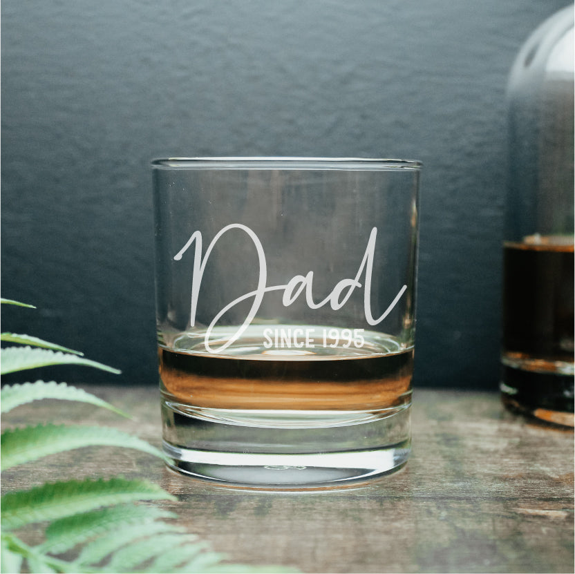 engraved whisky glass with the wording dad since 1995 on it 