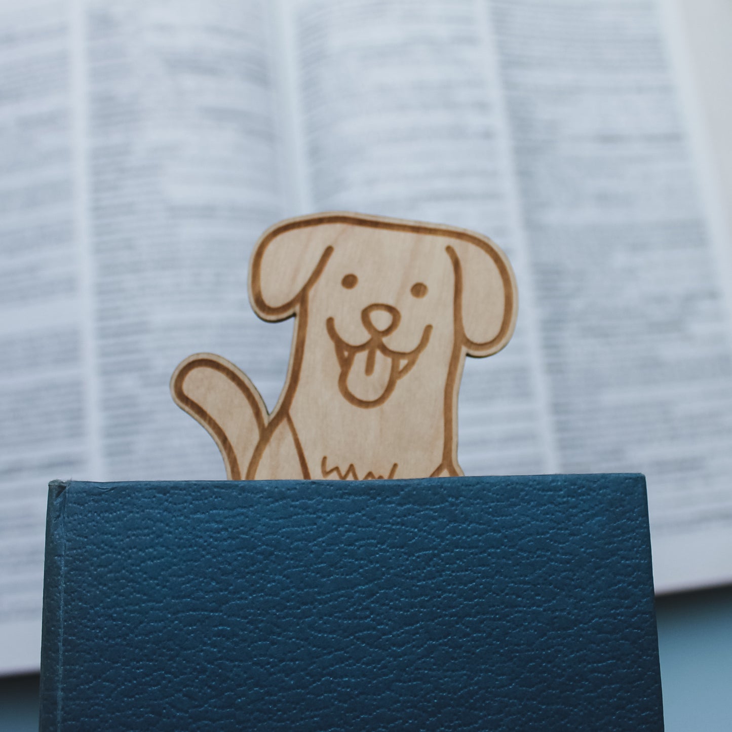 A closed Blue book with a dog bookmark peeking out of the top of it held over an open book
