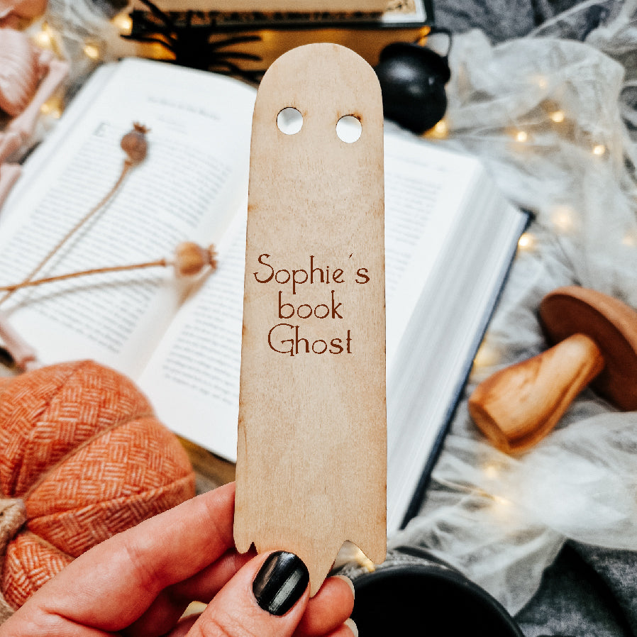 wooden ghost bookmark reverse showing personalised engraved text including a name and a short message 