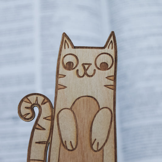 Wooden cat bookmark on a book writing background