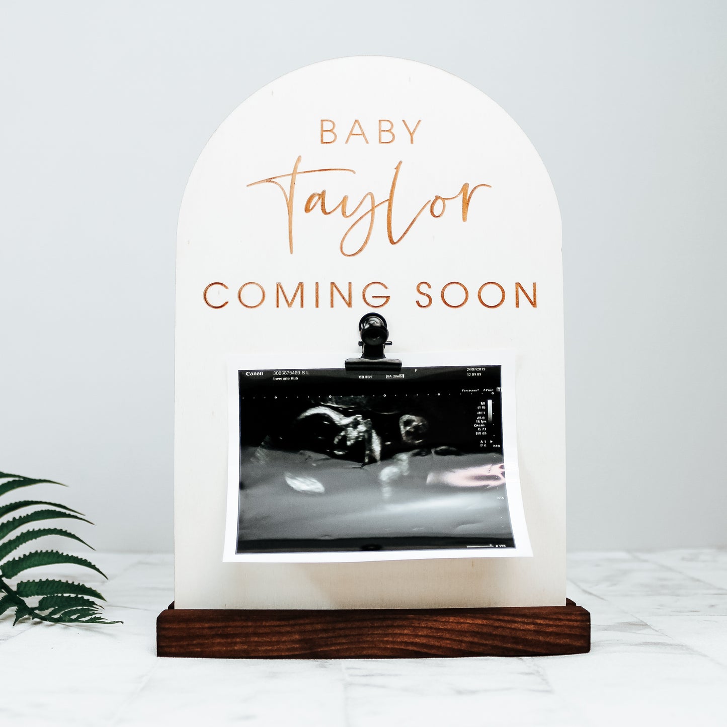 engraved and personalised wooden baby scan keepsake - perfect for showing your new addition on social media