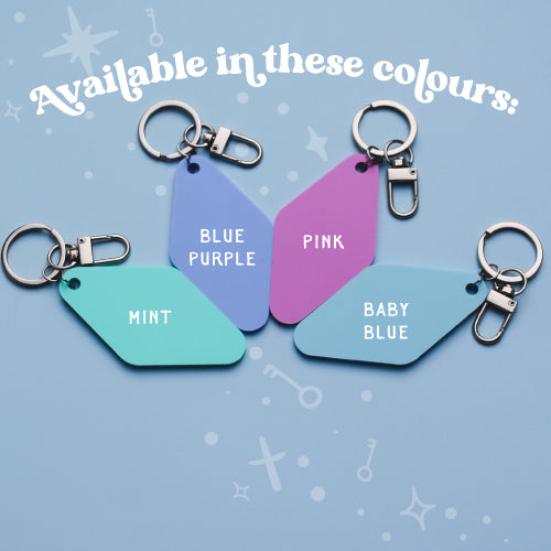 Colour swatches of motel style keychains in Mint, purple, pink, and baby blue on a light blue background.