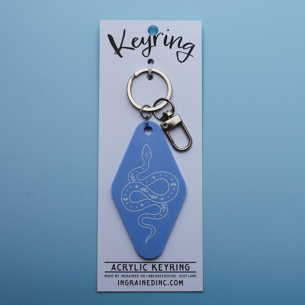 Blue acrylic keyring on a white backing card with a snake design keychain against a blue background
