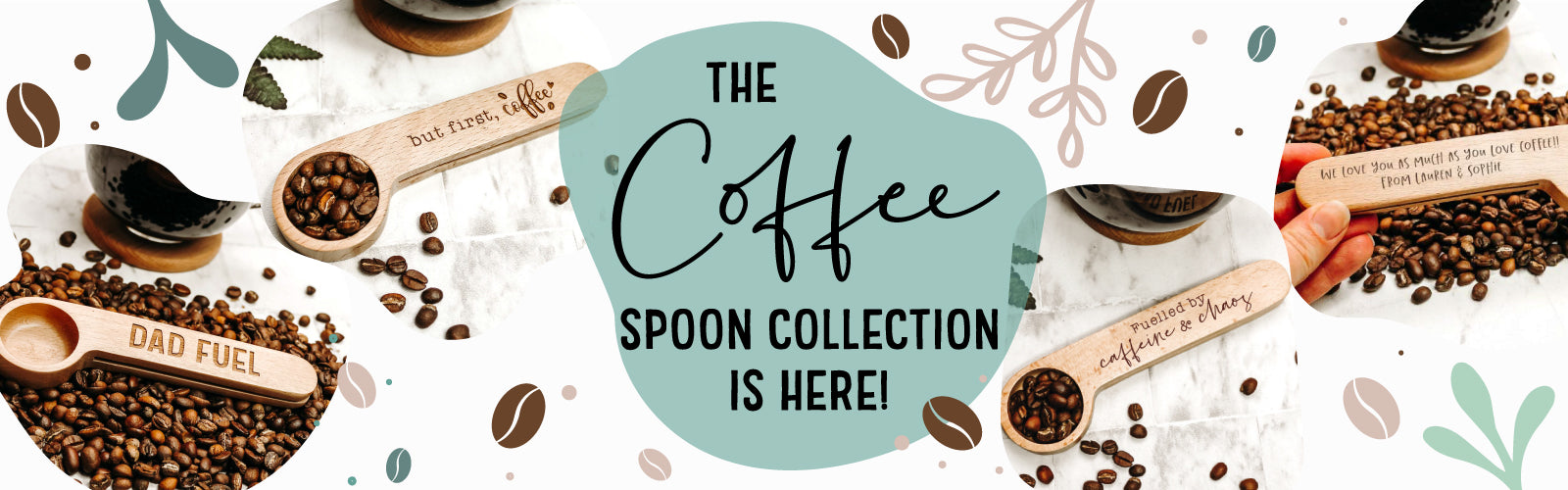 image showing the new wooden coffee spoon collection from ingrained inc. Showing a range of personalised coffee scoops with various coffee quotes on them