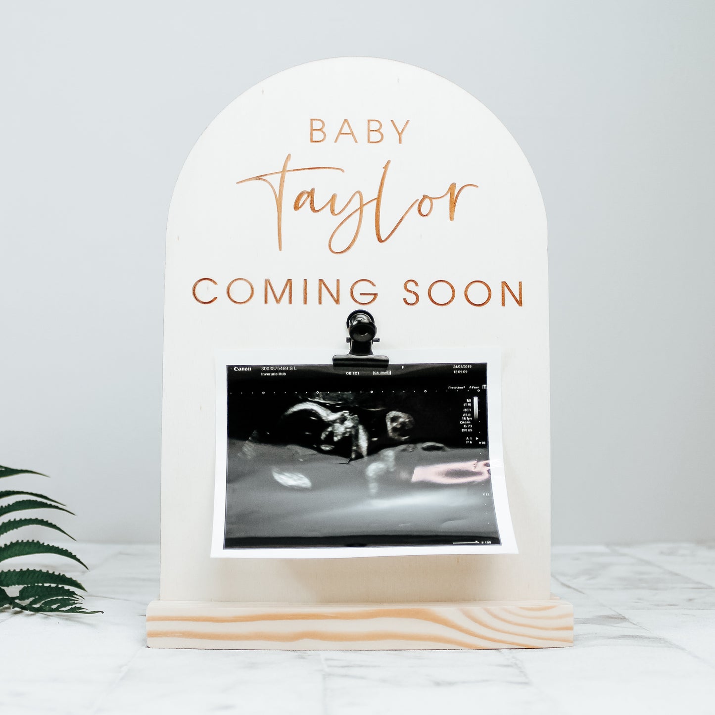 engraved and personalised wooden baby announcement sign - perfect for showing your new addition on social media - natural photo prop