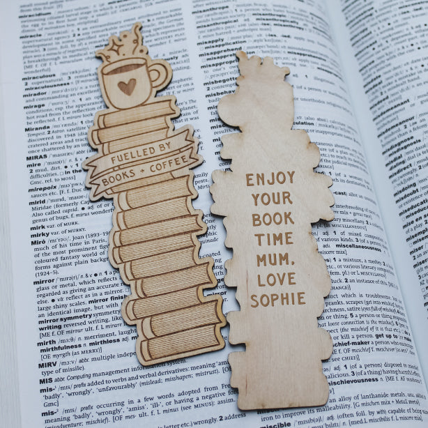 coffee bookmark showing personalised text on the reverse of the bookmark 