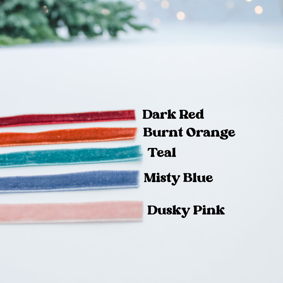 Color swatches labeled Dark Red, Burnt Orange, Teal, Misty Blue, and Dusky Pink on a light background.