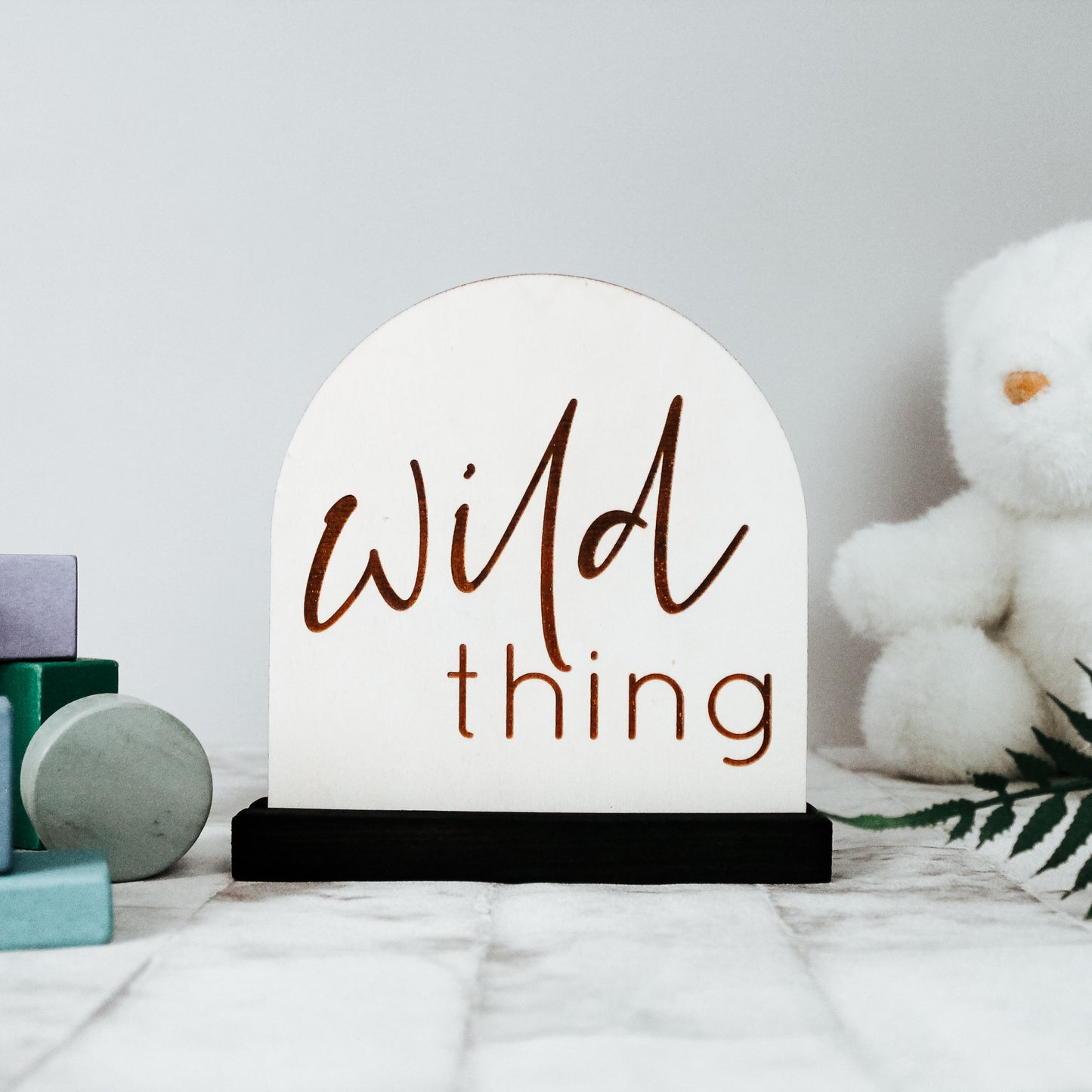 wild thing wooden engraved shelf sign for bookcase decor, playroom or nursery. Neutral colour palette for kids room