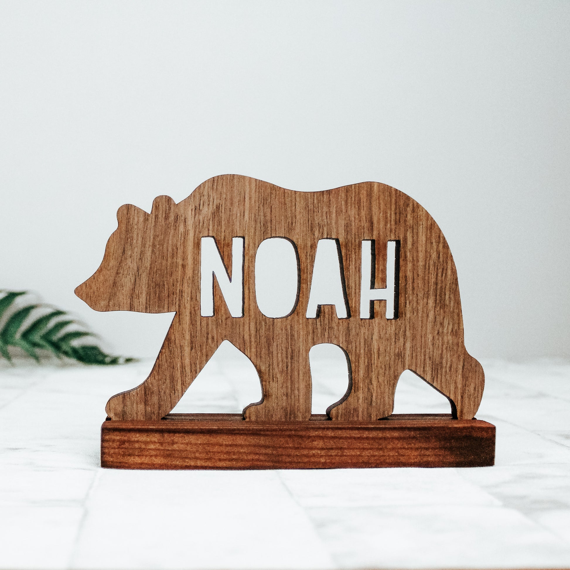 baby shelf sign for woodland themed nursery - walnut wood bear sign personalised with a name 