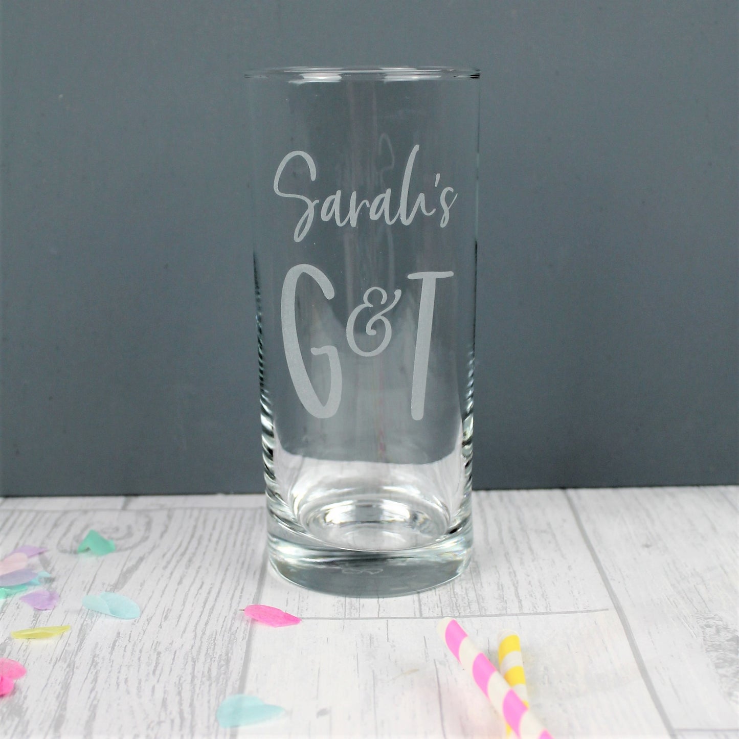 Engraved tall gin glass with personalised name and G and T etched into it