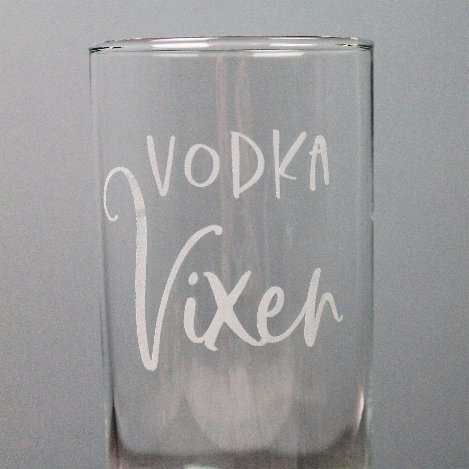 Tall vodka glass engraved with the words vodka vixen on it. Ideal 40th birthday gift