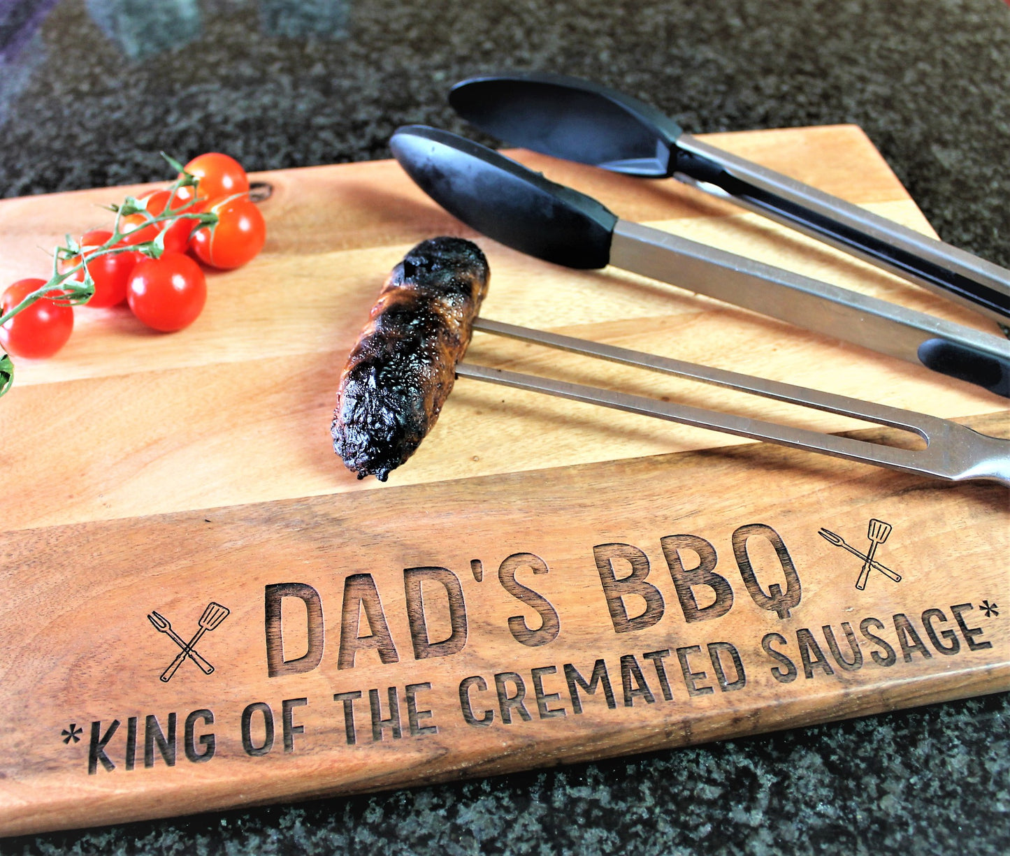 funny bbq chopping board with burnt sausage on top, funny fathers day gift