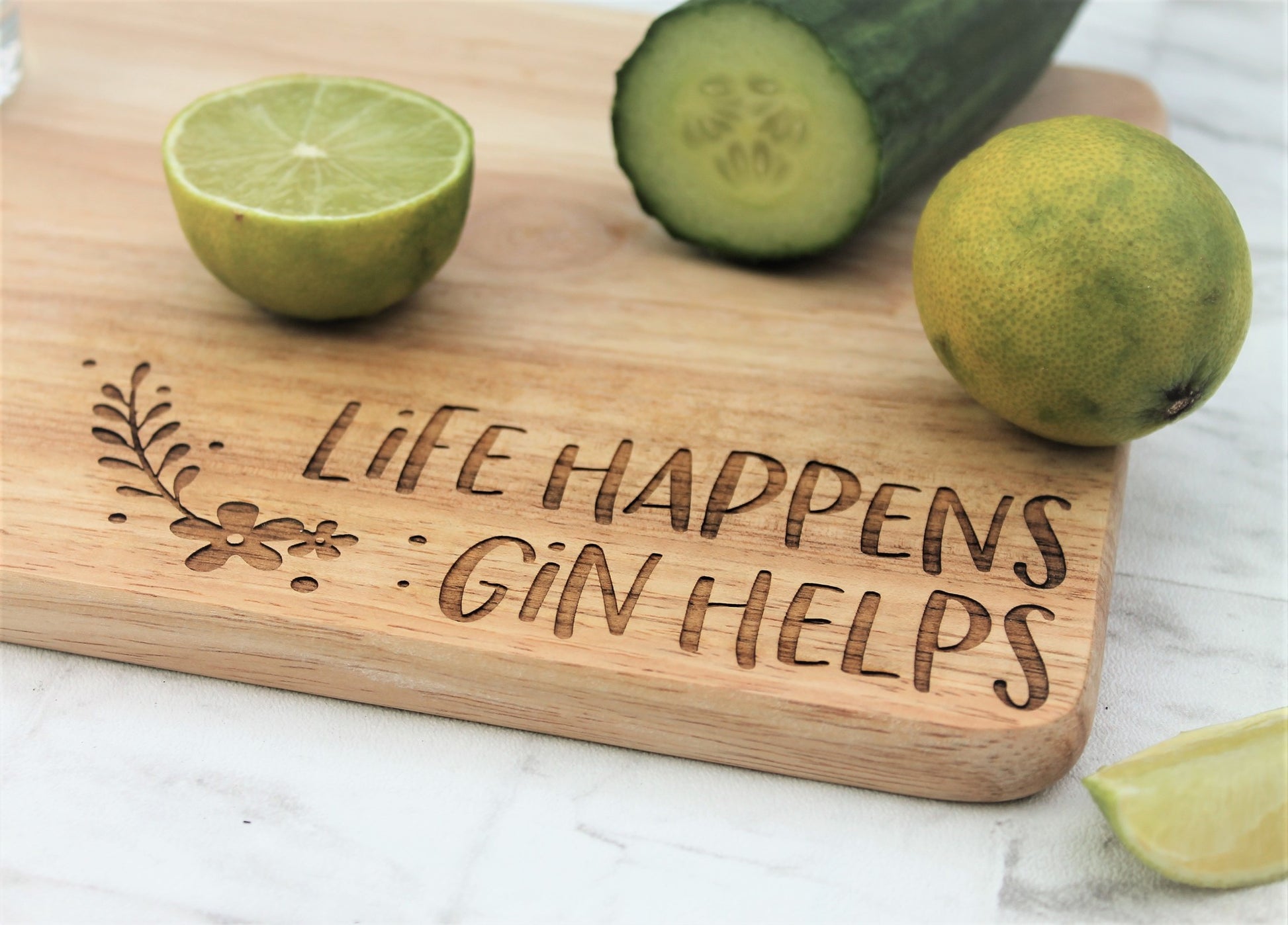 Gin lover Gift, Life happens gin helps engraved wooden chopping board. 