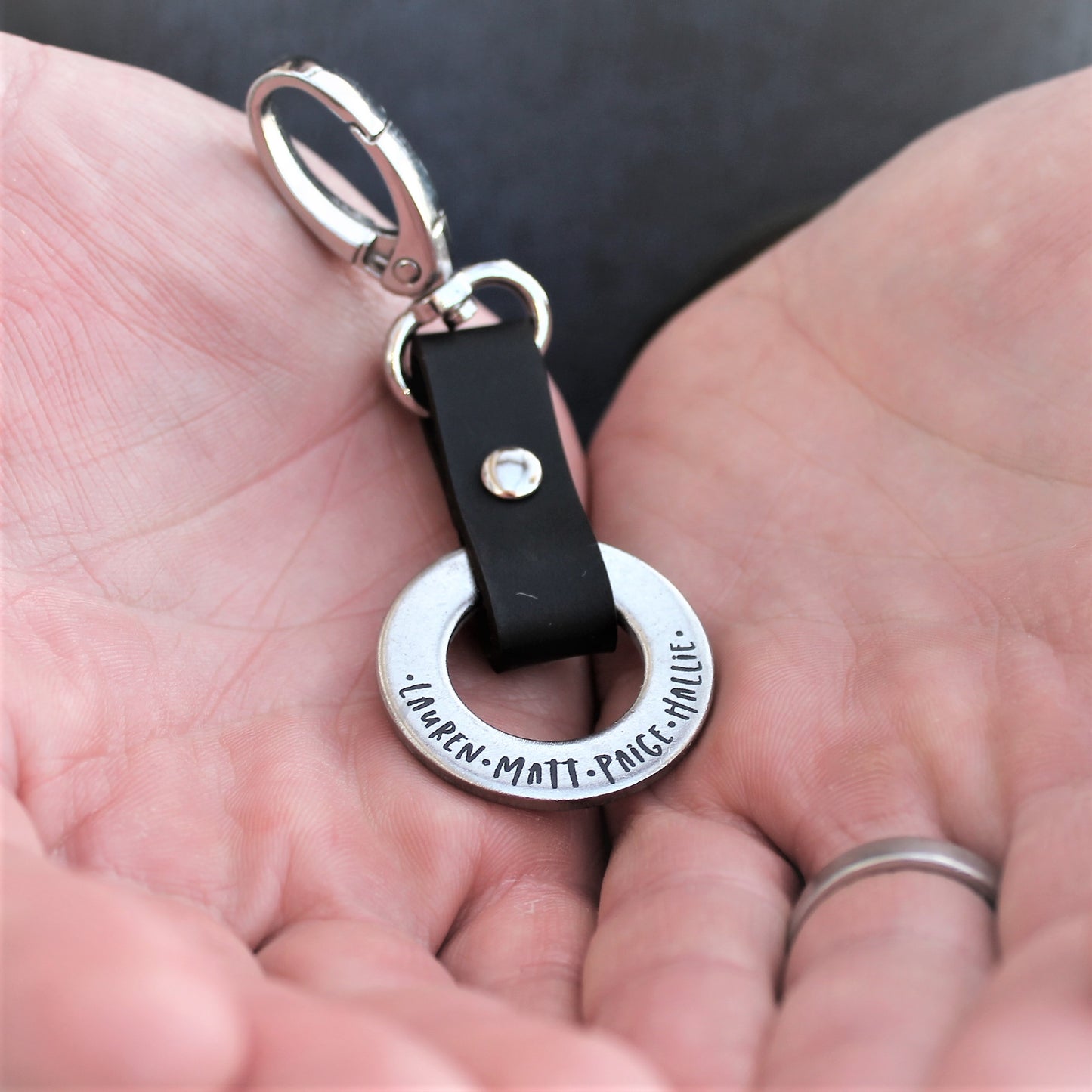 Family Keyring with childrens names metal stamped keyring with black leather