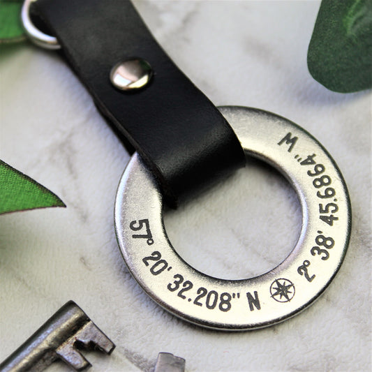 GPS coordinate personalised metal and leather keyring for remembering your special place