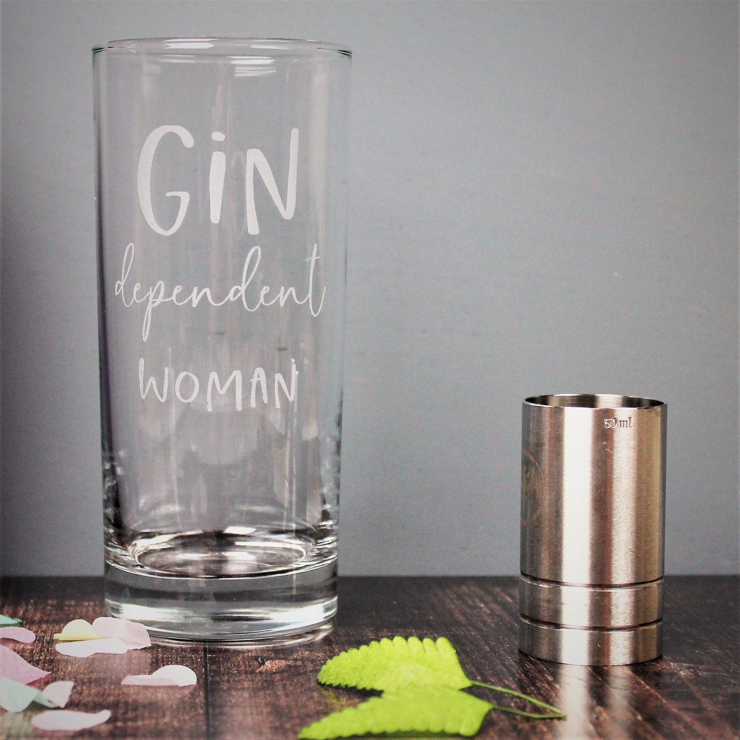 Gin glass engraved with the text gin dependent woman. Ideal 40th birthday gift for her